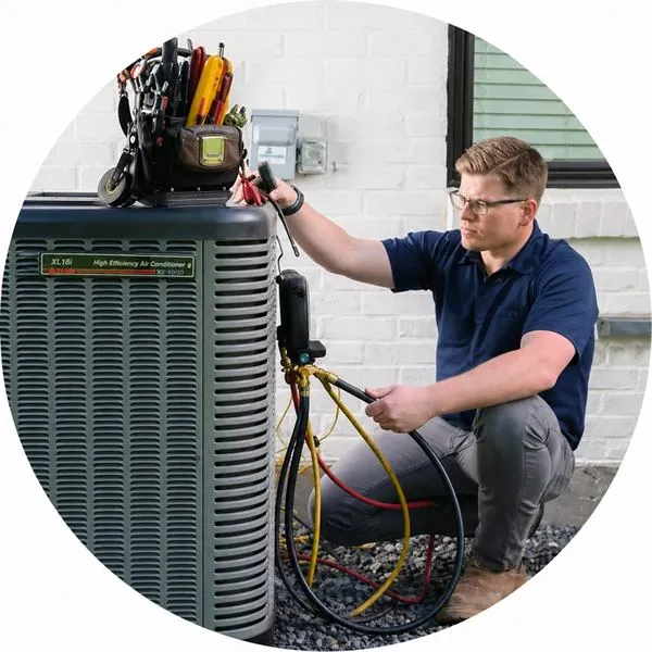 HVAC technician servicing a Trane air conditioner with gauges and tools