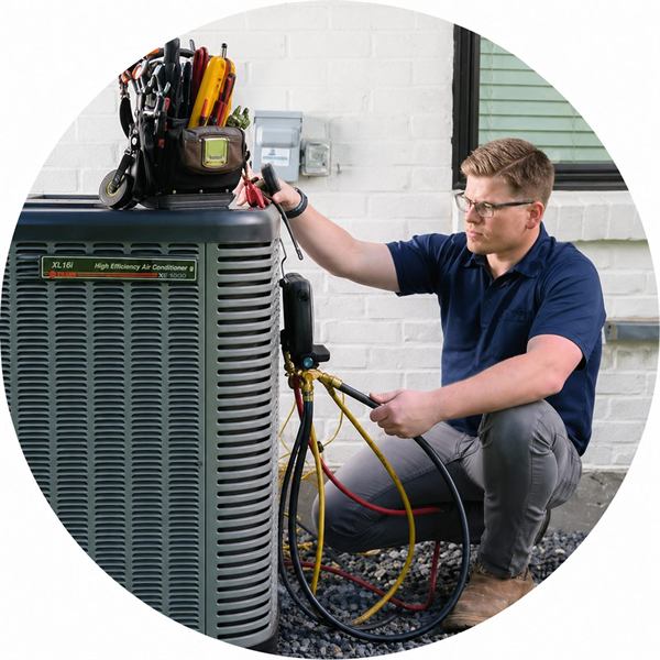 HVAC technician servicing a Trane air conditioner with gauges and tools