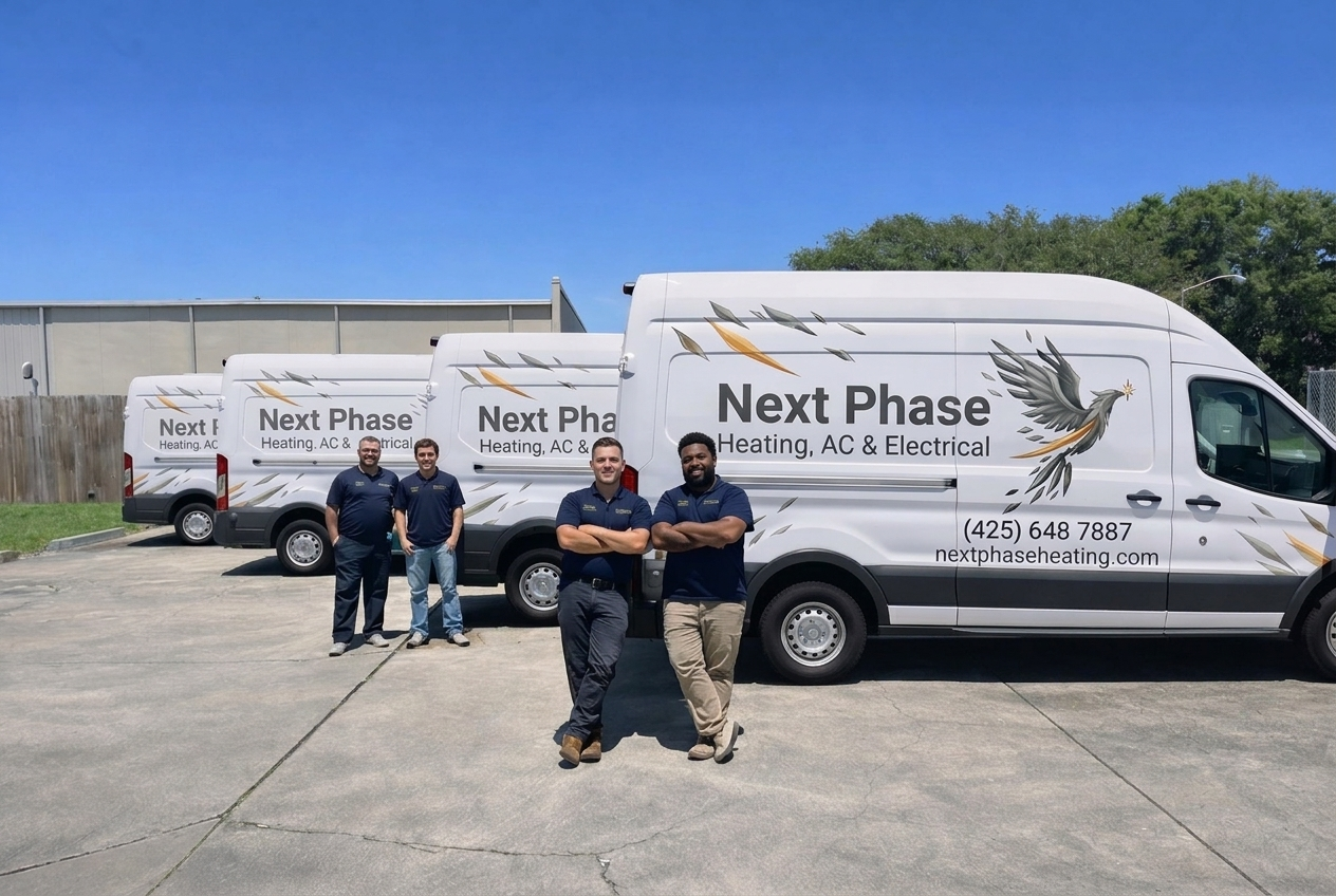 Next Phase Heating, Air Conditioning & Electric team with service vans